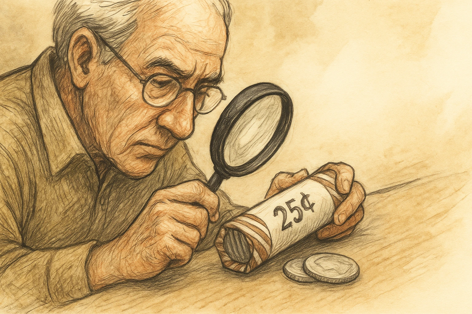 A numismatist is examining a roll of quarters.