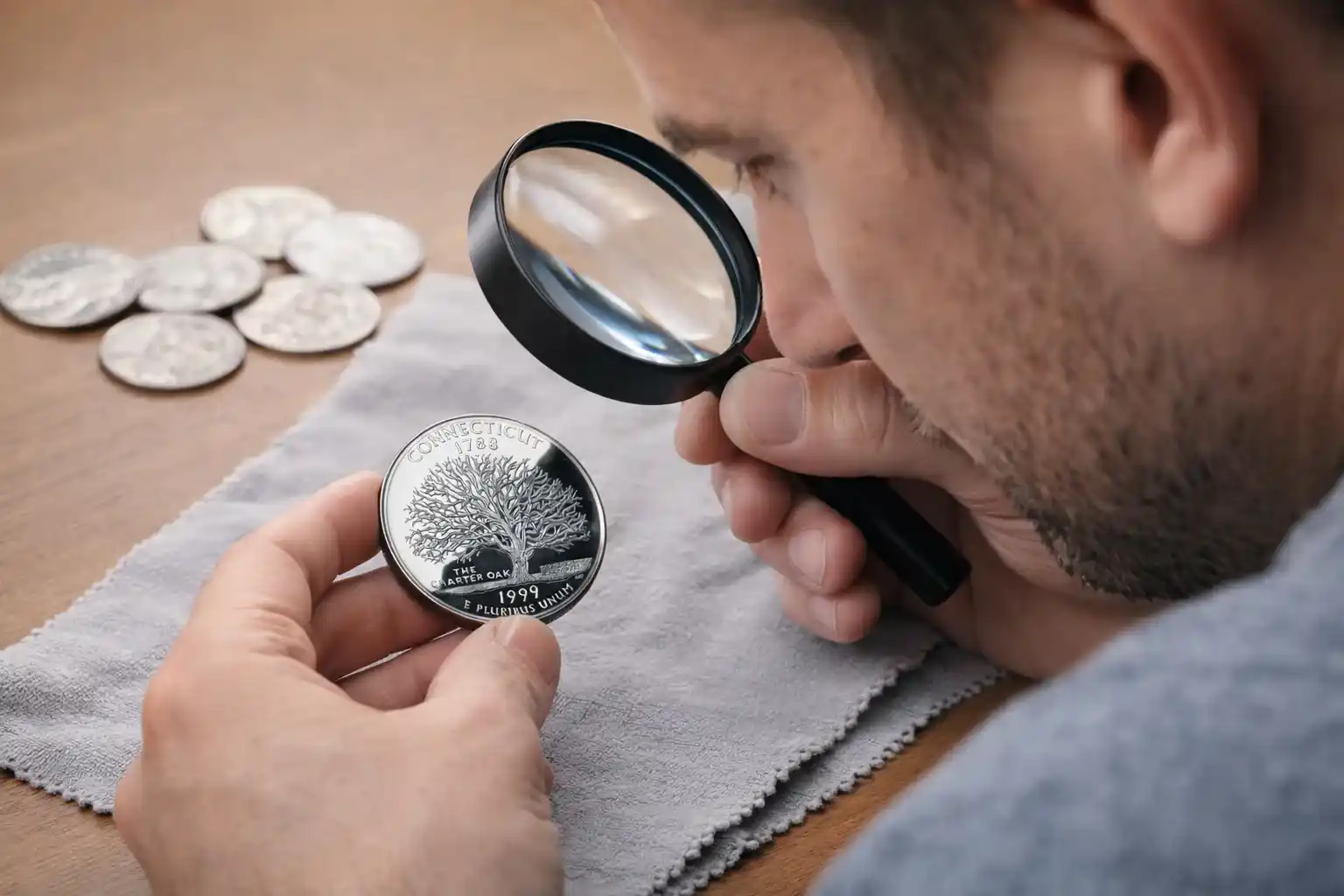 Collector examining a 1999 Connecticut quarter with a magnifying glass.